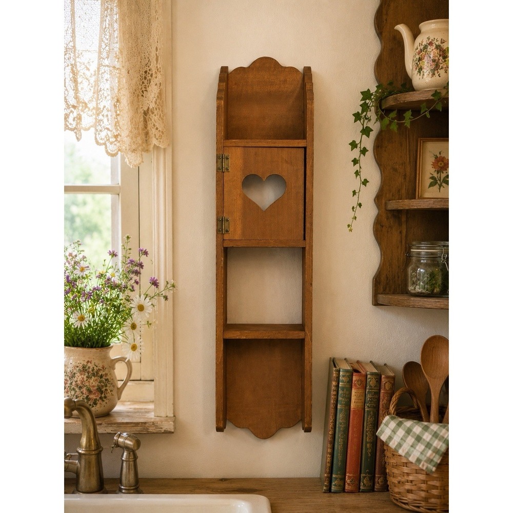 Wooden Cubby Hanging Display Wall Trinket Shelf w/ Heart Door Cottage Core